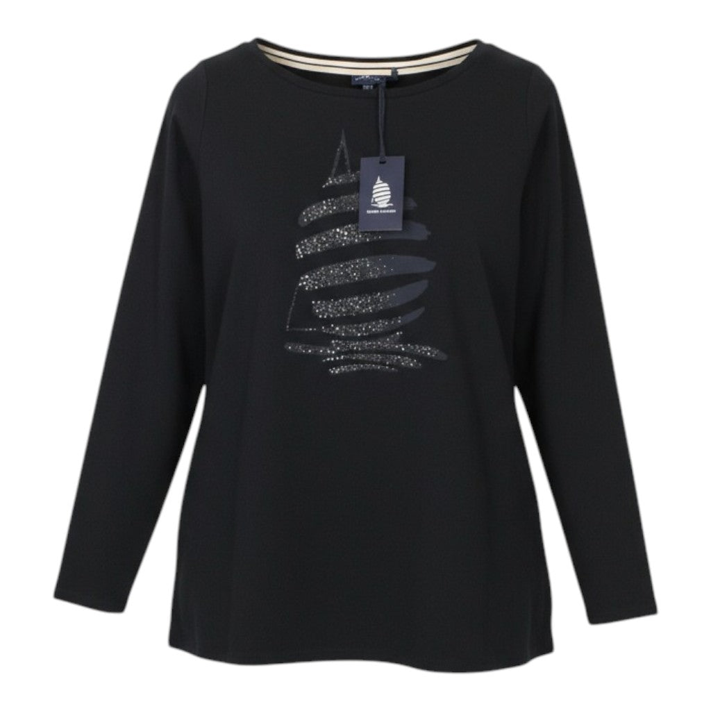 Marina YachtingCamiseta de mujer de punto con cuello redondo y strass en negro