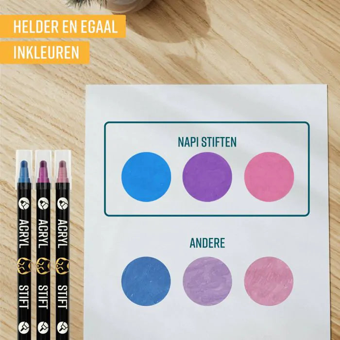 Napi acrylpennen met dubbele punt, 12 kleuren