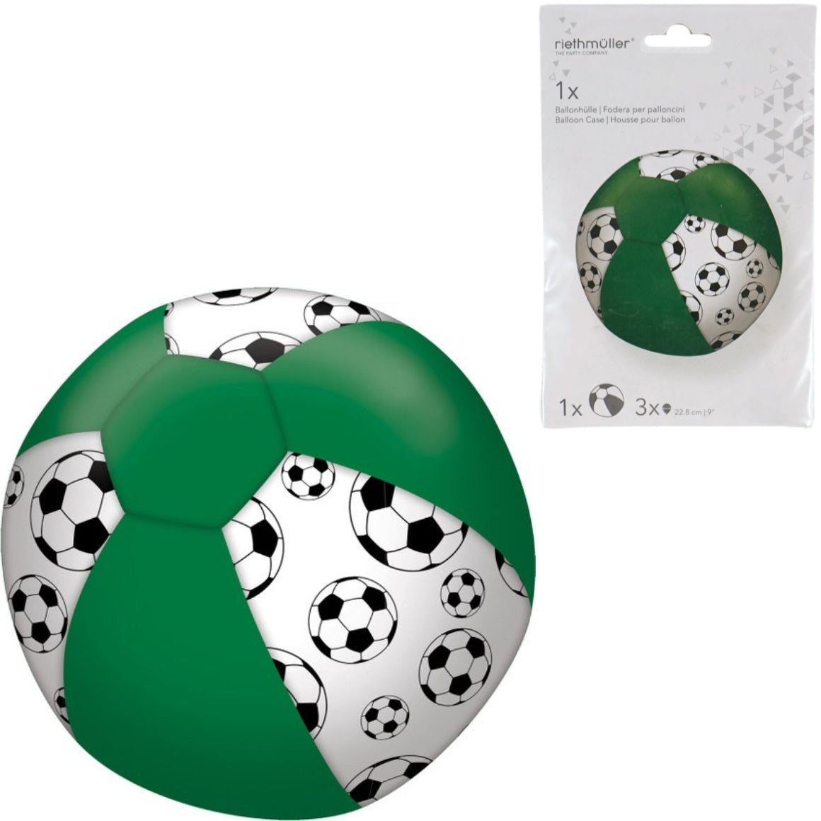 Balónový rukáv se 3 zelenými fotbalovými balónky 23 cm