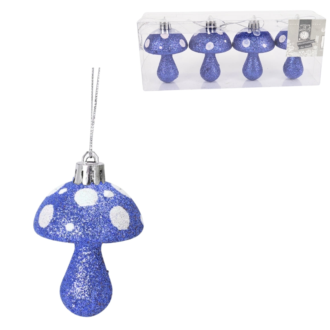 Christmas Ornament Mushroom Glitter Blue 7 Cm Set Of 4