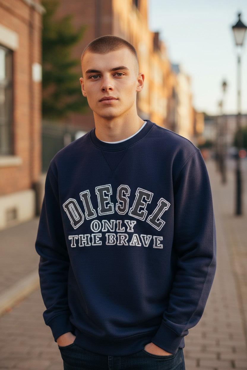 Diesel S-joe-b Felpa Sweatshirt til mænd blåt logo broderet fleece med rund hals