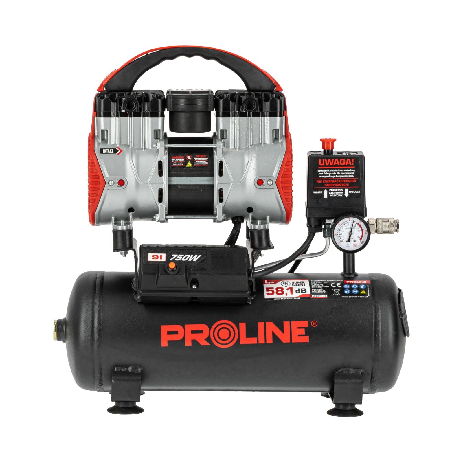 Bezolejový vzduchový kompresor 9l 750w 8bar 167l/min 58,1 Db 15 Kg 3vrstvá ocel Proline