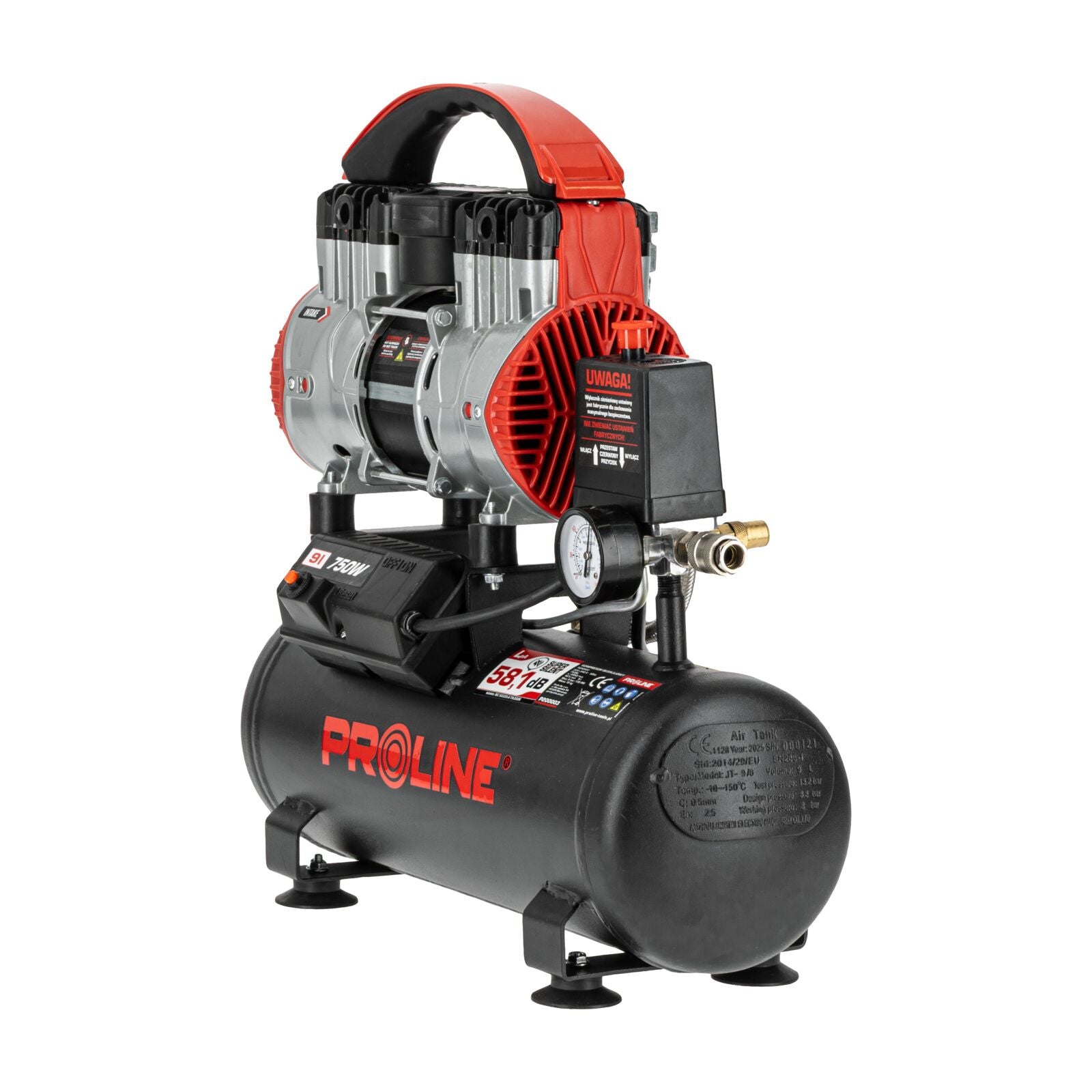 Bezolejový vzduchový kompresor 9l 750w 8bar 167l/min 58,1 Db 15 Kg 3vrstvá ocel Proline
