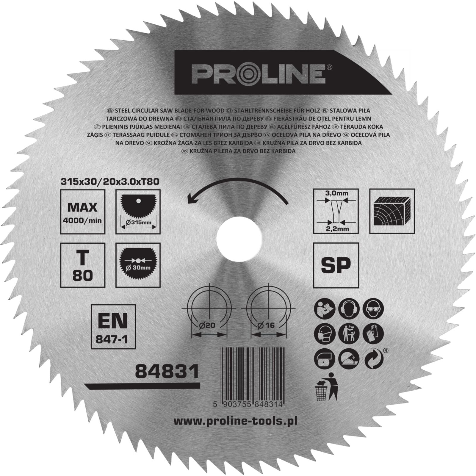 Circular Saw For Wood 315 Mm 8 Teeth Carbon Free Proline