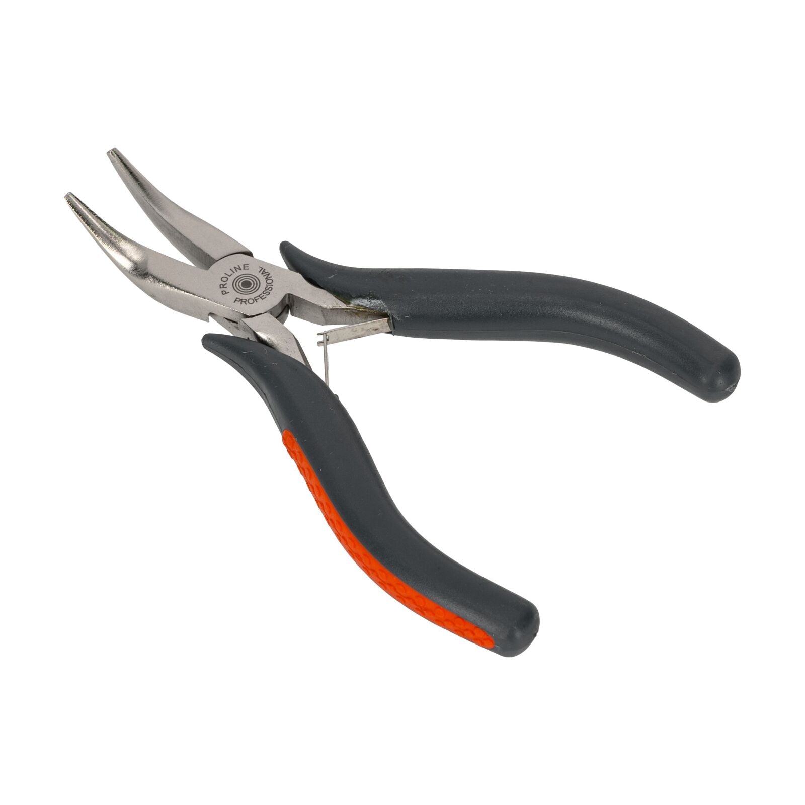 Minitang met gebogen neus, 120 mm, gesmeed, gehard, plat, veer, gesatineerd, rood plastic, met zwart antislipmateriaal, Proline
