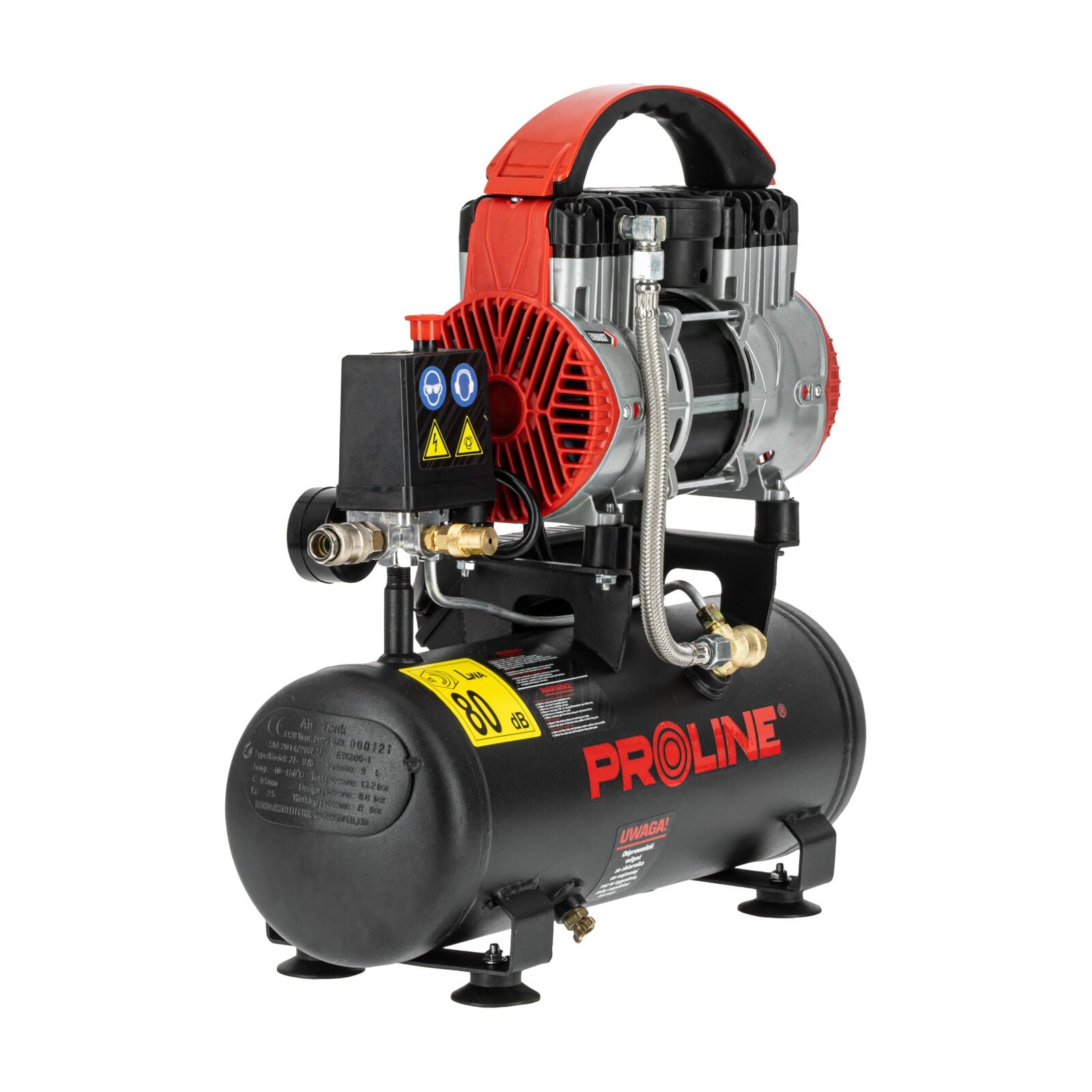 Bezolejový vzduchový kompresor 9l 750w 8bar 167l/min 58,1 Db 15 Kg 3vrstvá ocel Proline
