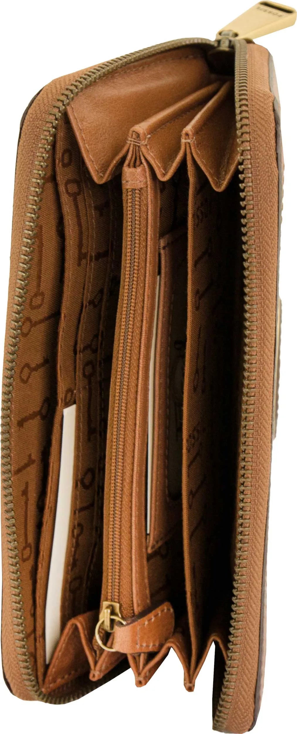 Carteira feminina fóssil wmns carteira de couro vri zip clutch camelo marrom