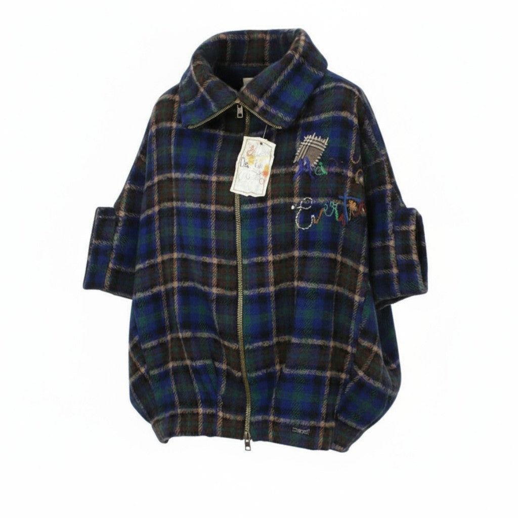 Desigual damski płaszcz w kolorze niebieskim z domieszką wełny w kratę, oversize kimono z rękawami