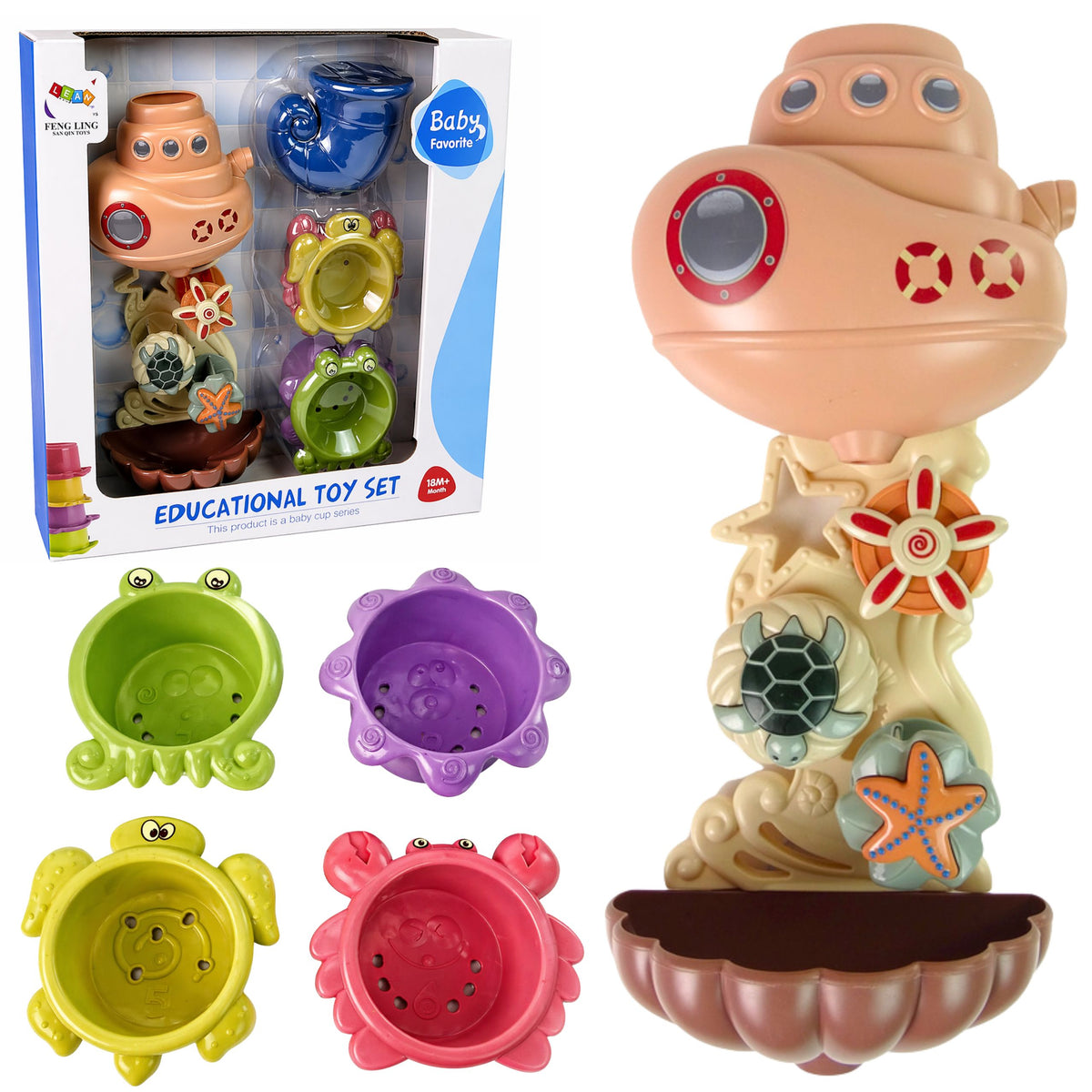 Bath Toys Set: Ship Sea Animals Waterfall Suction Cups