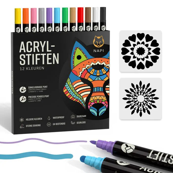 Napi acrylpennen met dubbele punt, 12 kleuren