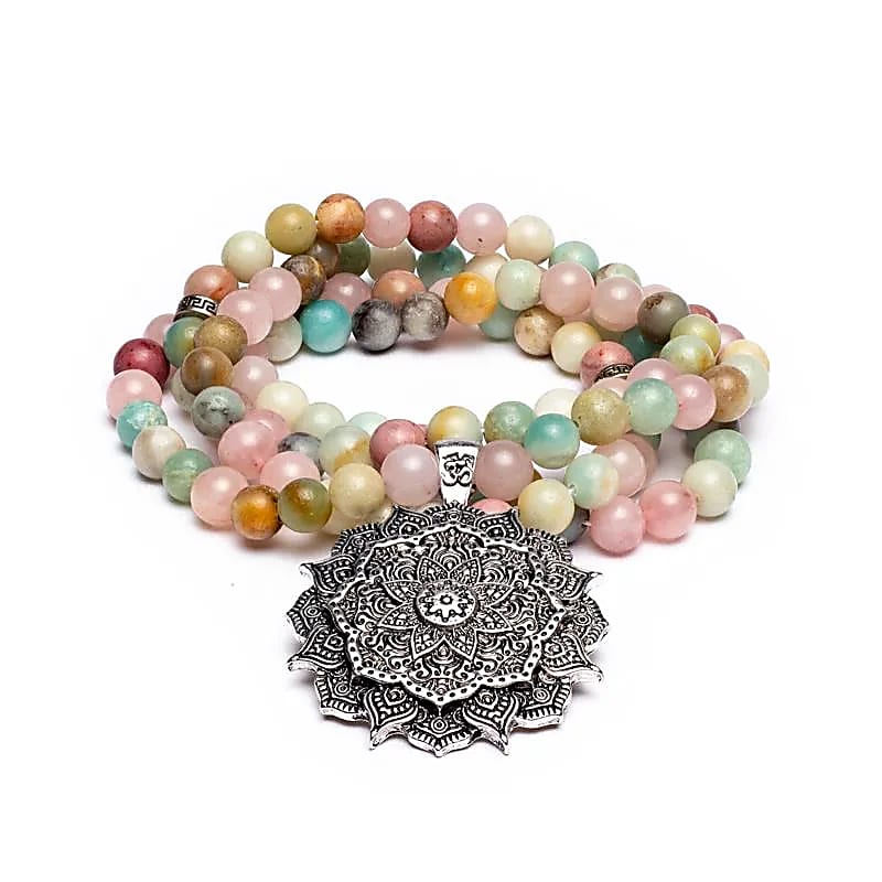 Mala Rose Quartz/ Amazonite/ Rhodonite + Lotus - 0.8cm