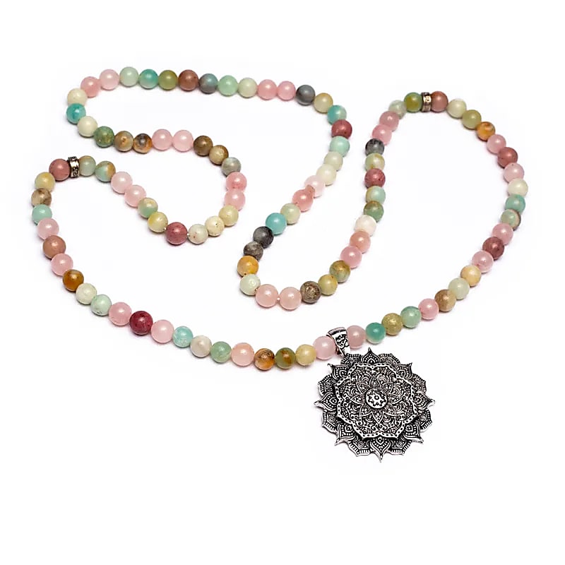 Mala rózsakvarc/ amazonit/ rodonit + lótusz - 0,8 cm