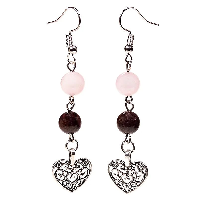 Earrings Garnet/rose Quartz With Heart --package Of 5 Pcs - 8mm