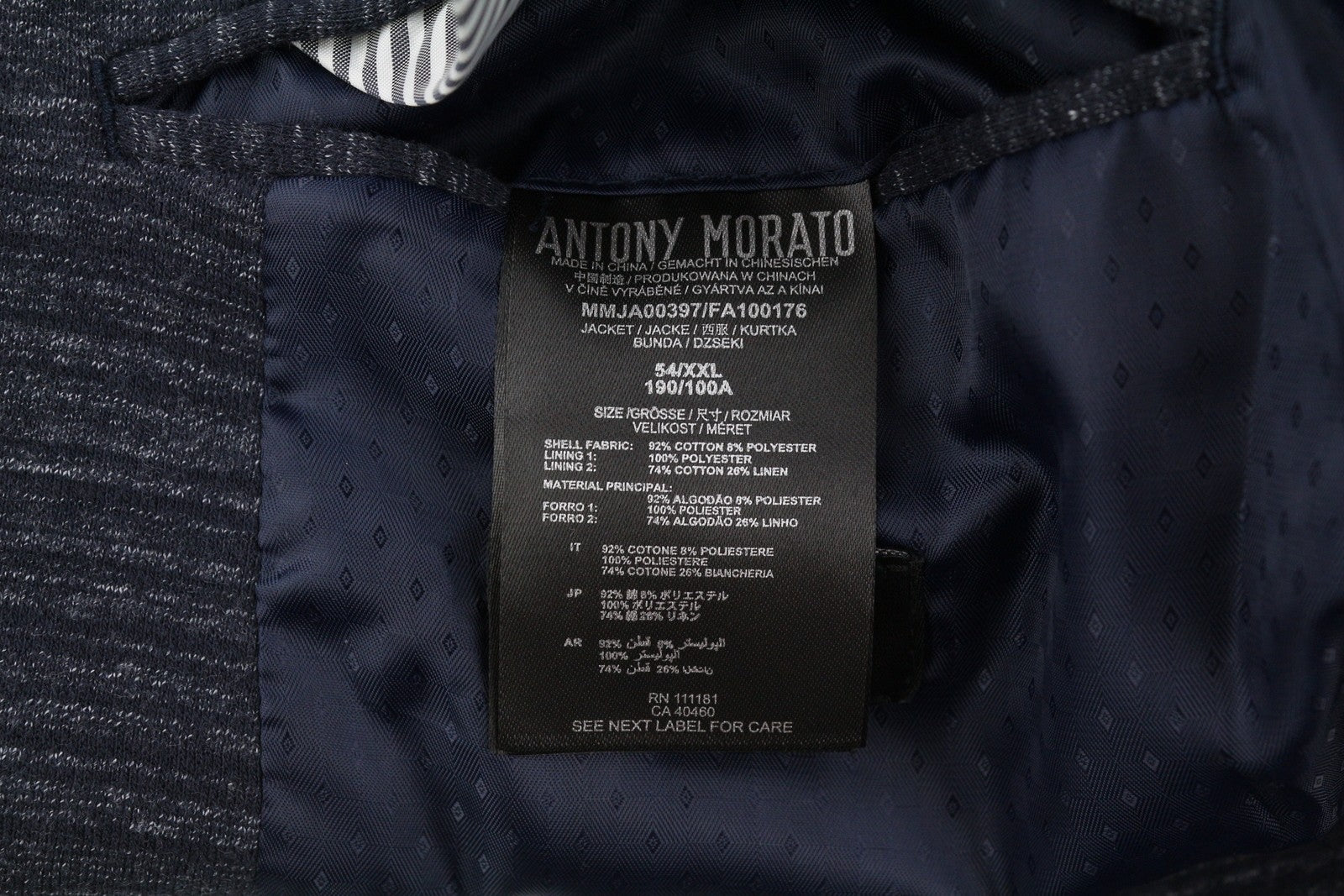 Antony Morato Men Blazer 2xl Blå Super Slim Halvfodrad enkelknapp