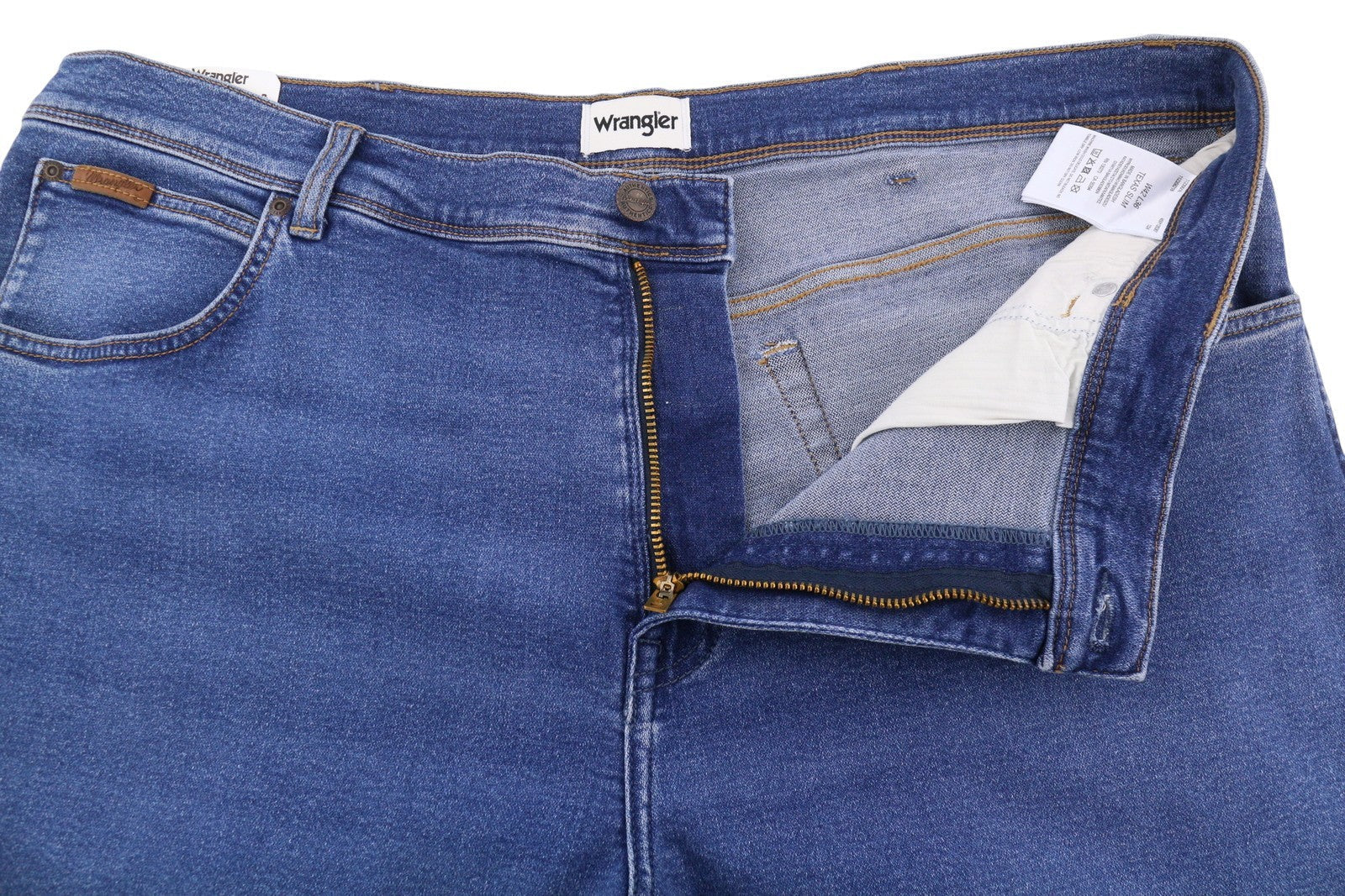 Wrangler Texas Slim 822 Heren Jeansblauw Whiskers Faded Zip Fly Denim