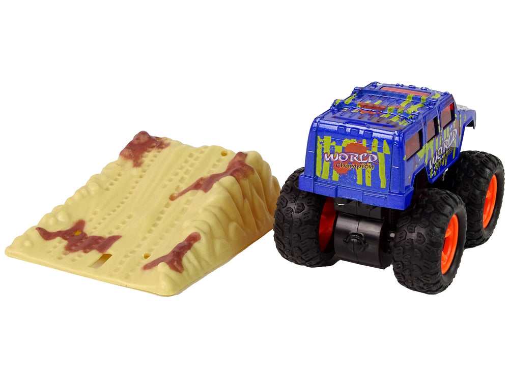 Resorak Monster Truck Pull Back Drive Rubber Tyres Metal Body + Evolving Ramp