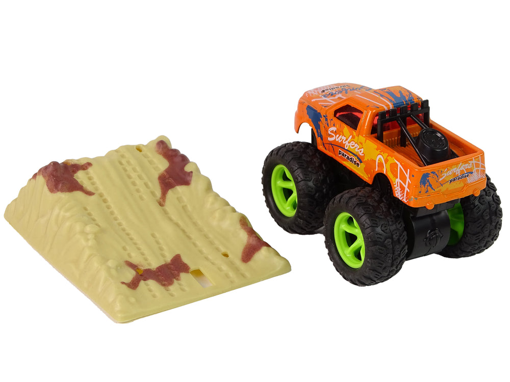 Resorak Monster Truck Pull Back Drive Rubber Tyres Metal Body + Evolving Ramp