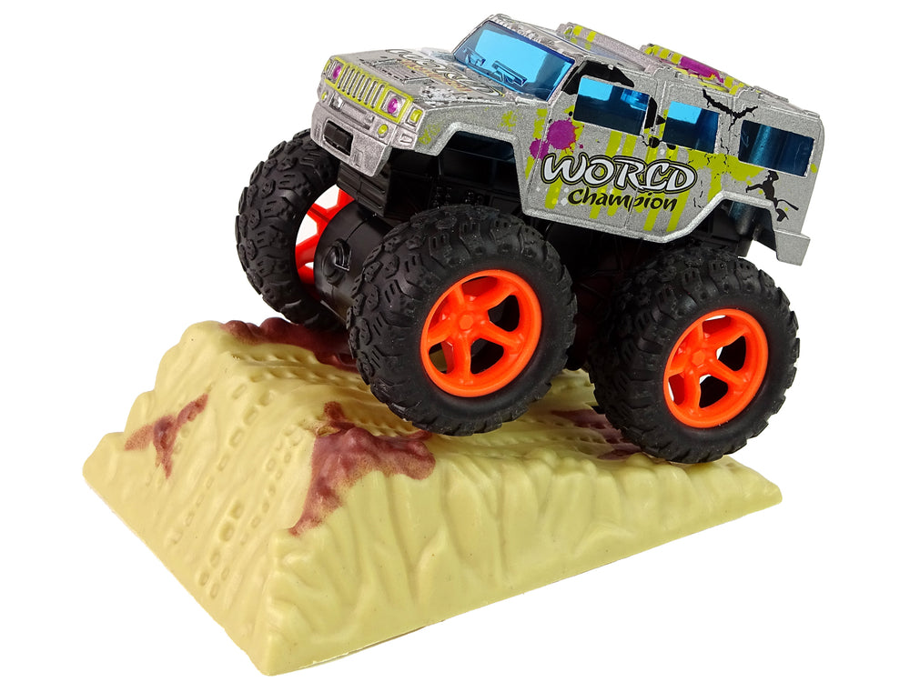 Resorak Monster Truck Pull Back Drive Rubber Tyres Metal Body + Evolving Ramp