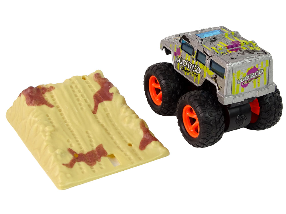 Resorak Monster Truck Pull Back Drive Rubber Tyres Metal Body + Evolving Ramp