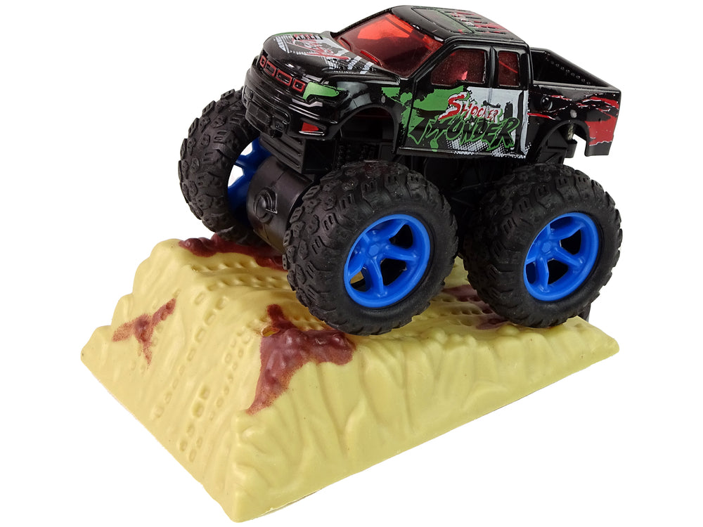 Resorak Monster Truck Pull Back Drive Rubber Tyres Metal Body + Evolving Ramp