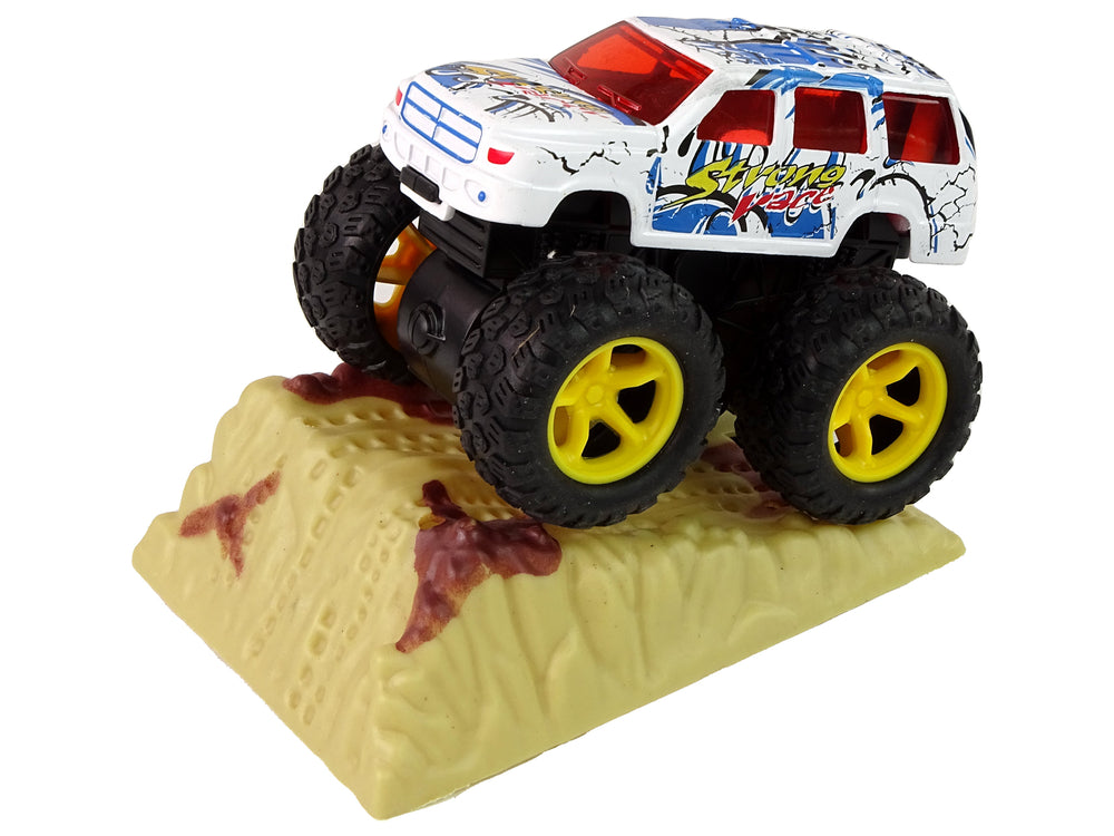 Resorak Monster Truck Pull Back Drive Rubber Tyres Metal Body + Evolving Ramp