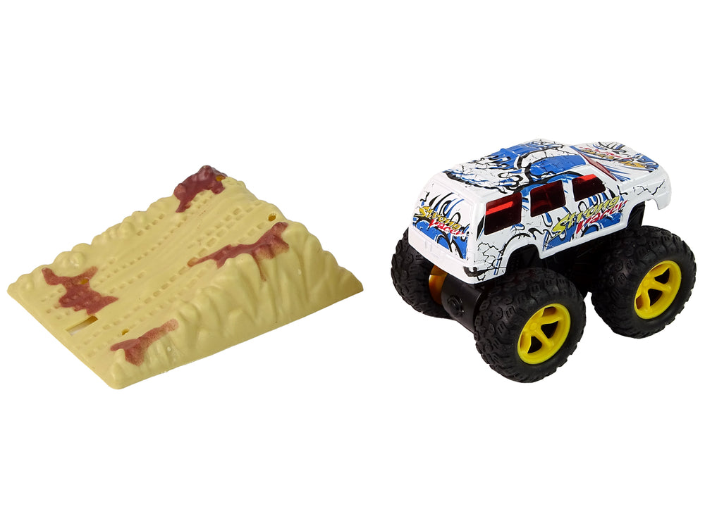Resorak Monster Truck Pull Back Drive Rubber Tyres Metal Body + Evolving Ramp