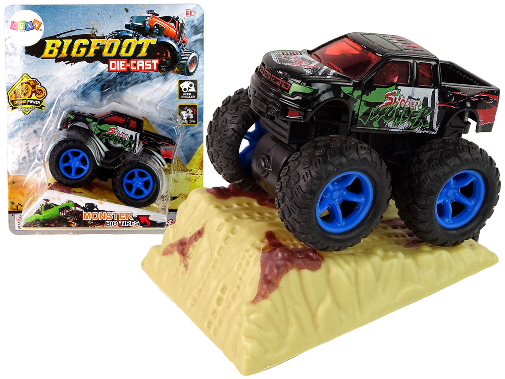 Resorak Monster Truck Pull Back Drive Rubber Tyres Metal Body + Evolving Ramp