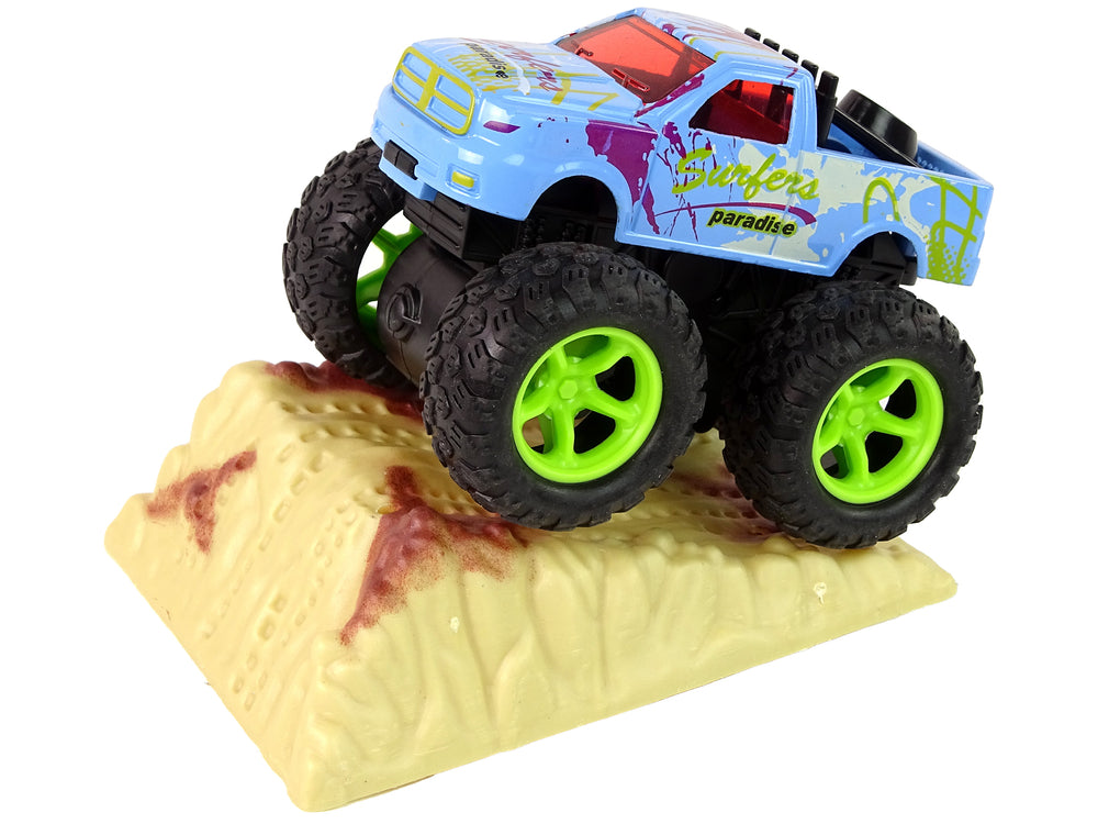 Resorak Monster Truck Pull Back Drive Rubber Tyres Metal Body + Evolving Ramp