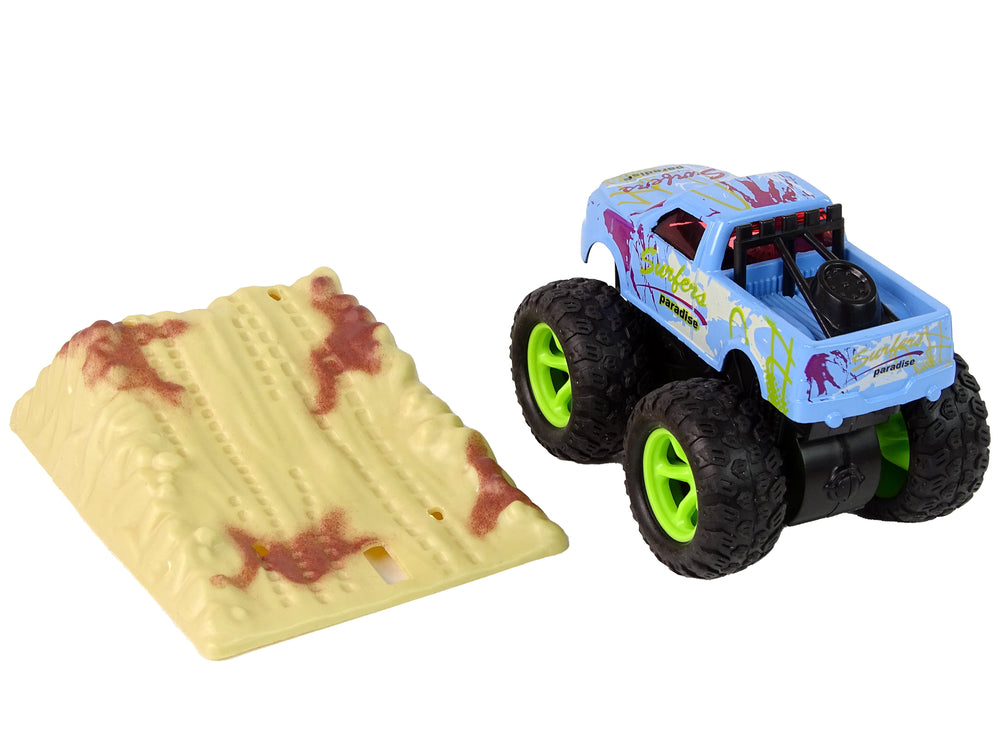 Resorak Monster Truck Pull Back Drive Rubber Tyres Metal Body + Evolving Ramp