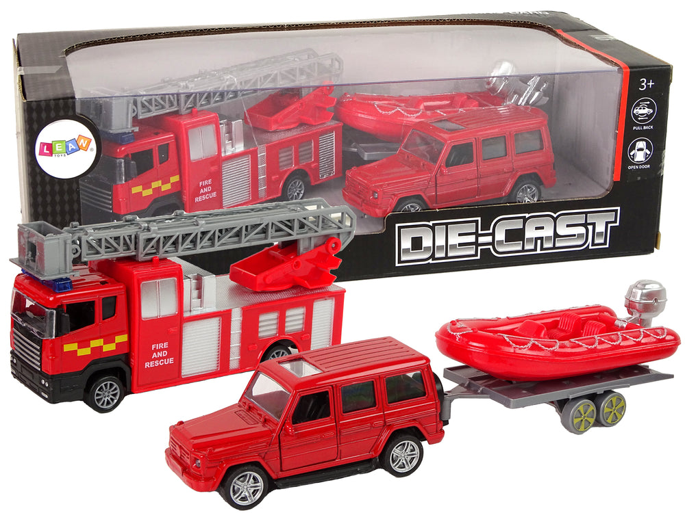 Fire Brigade Vehicle Set Pull Motorboat Jeep Red