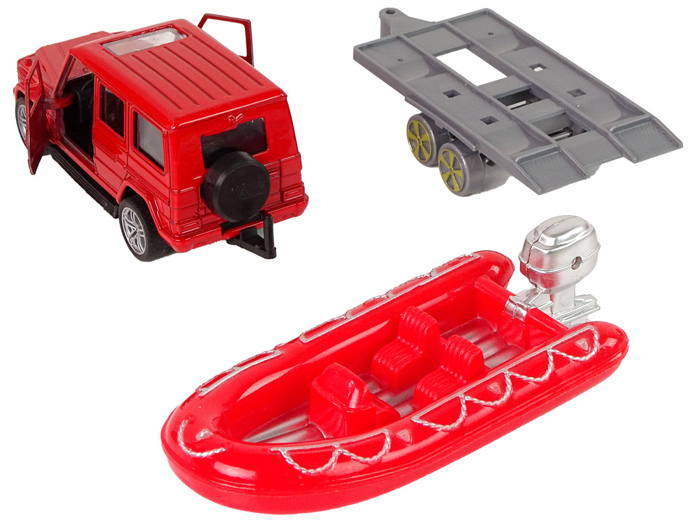 Fire Brigade Vehicle Set Pull Motorboat Jeep Red