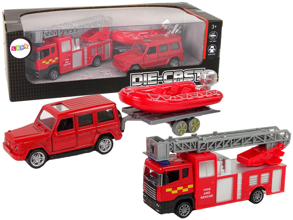 Fire Brigade Vehicle Set Pull Motorboat Jeep Red