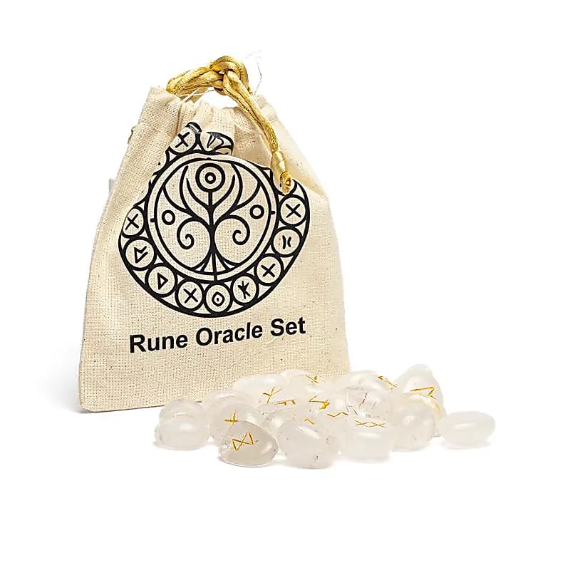 Conjunto Rune Oracle de cristal de rocha em saco de algodão - 12x10 cm