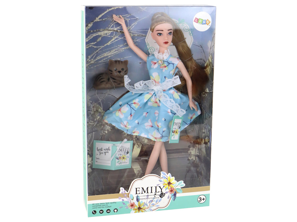 Kinderpop Emily Spring Lang Haar Blauwe Jurk Kitten