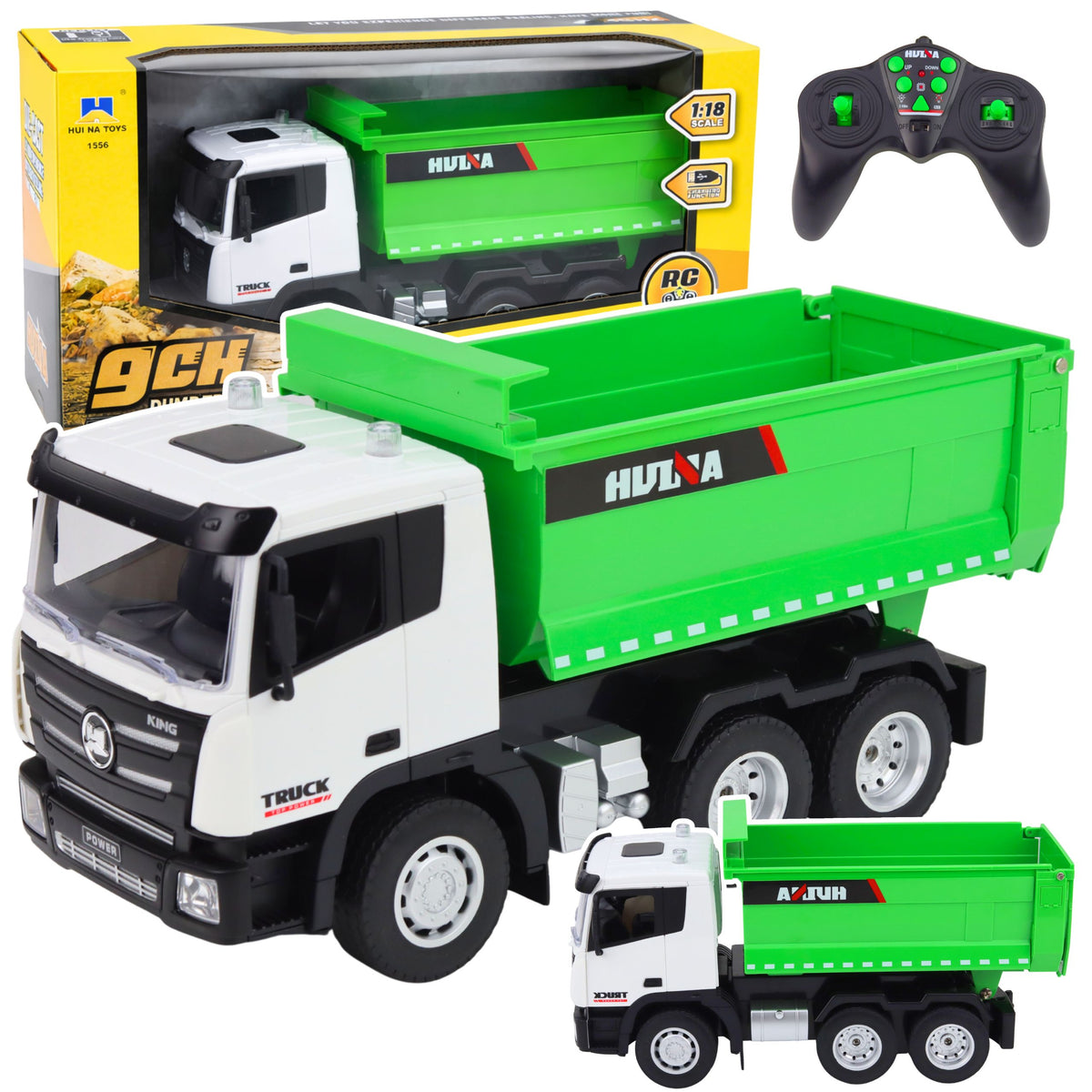 Caminhão basculante de controle remoto Huina Rc verde 1:18