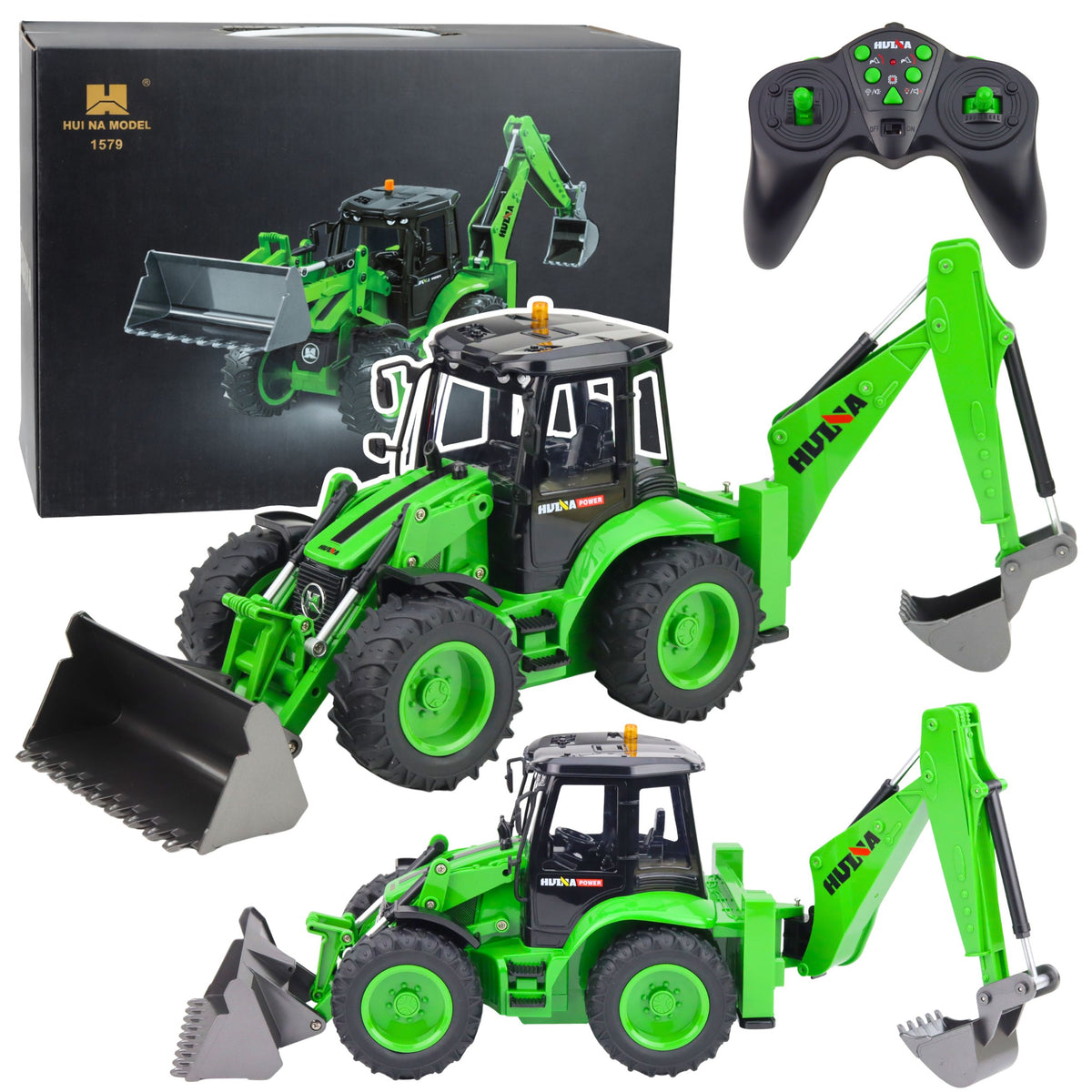 Retroescavadeira de controle remoto Rc luzes som verde Huina 1:14
