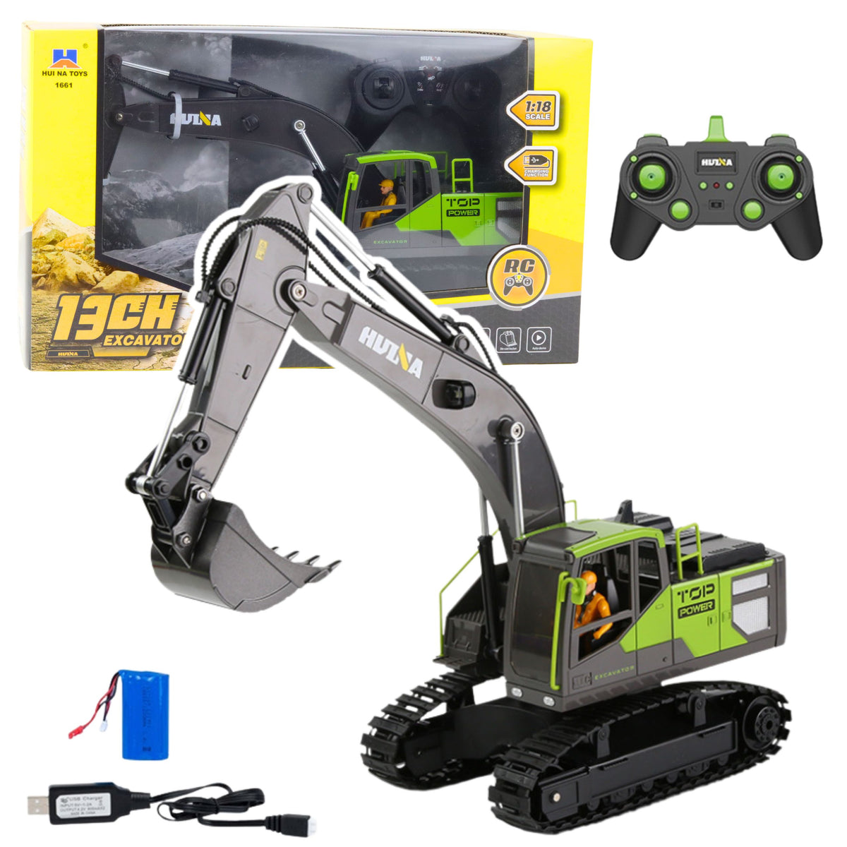 Escavadeira de esteira com controle remoto Huina Verde 1:18