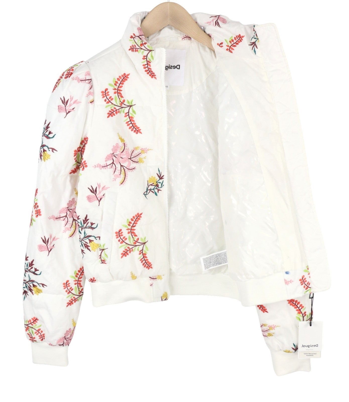 Desigual Padded Nicole Giacca da donna con foglie ricamate bianche Full Zip