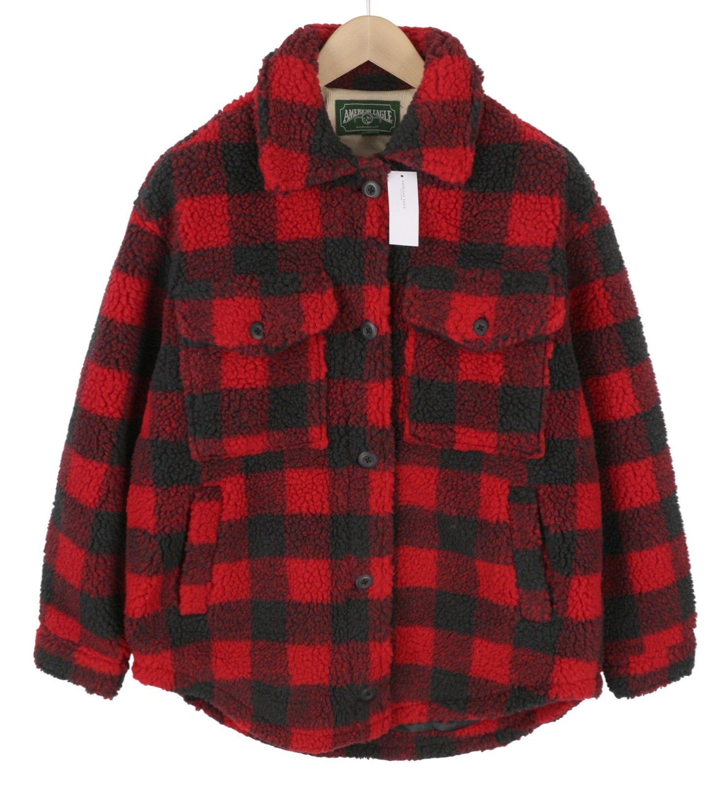 American Eagle Outfitters Giacca da donna morbida con bottoni a quadri rossi
