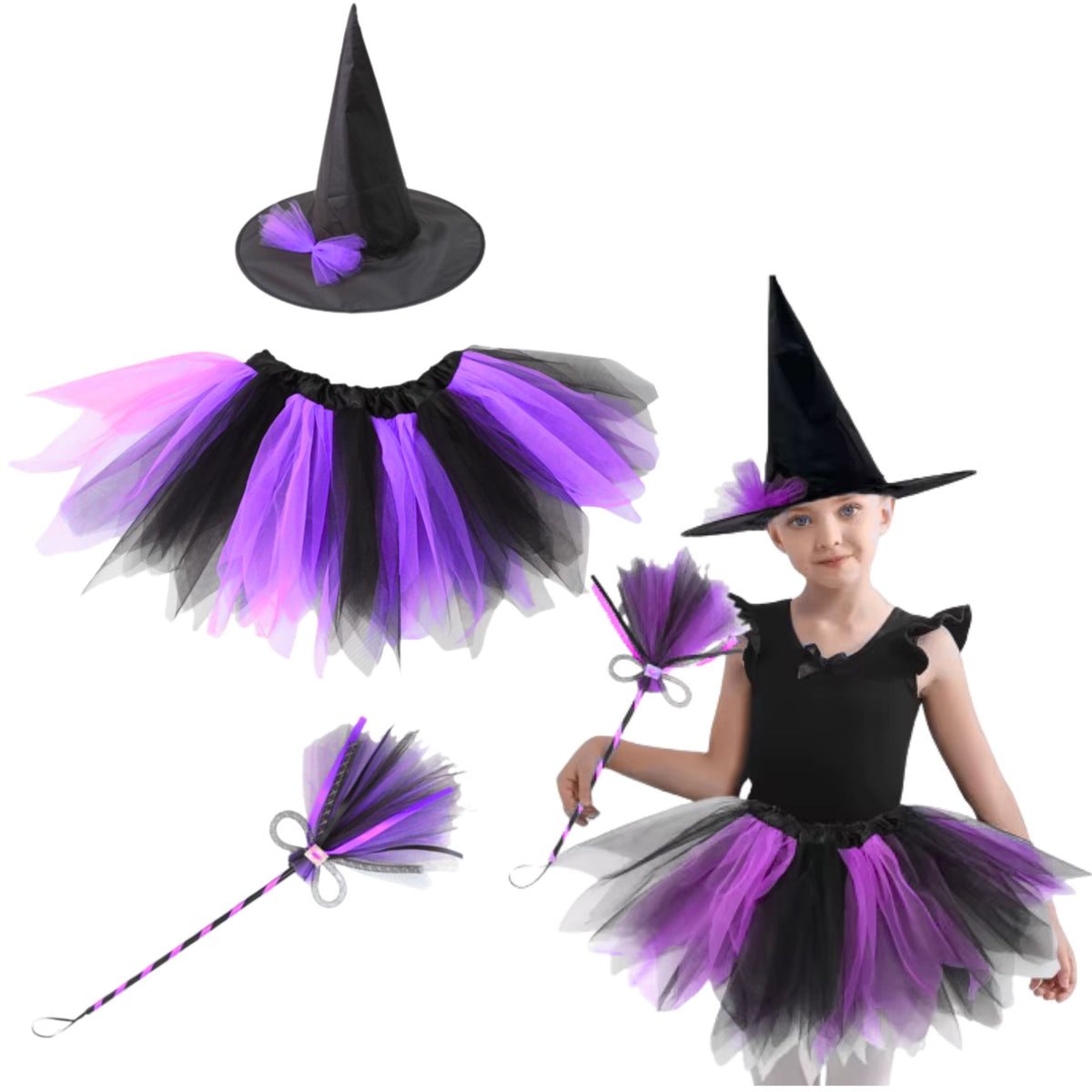 Witch Costume Hat Skirt Broom Purple And Black Costume