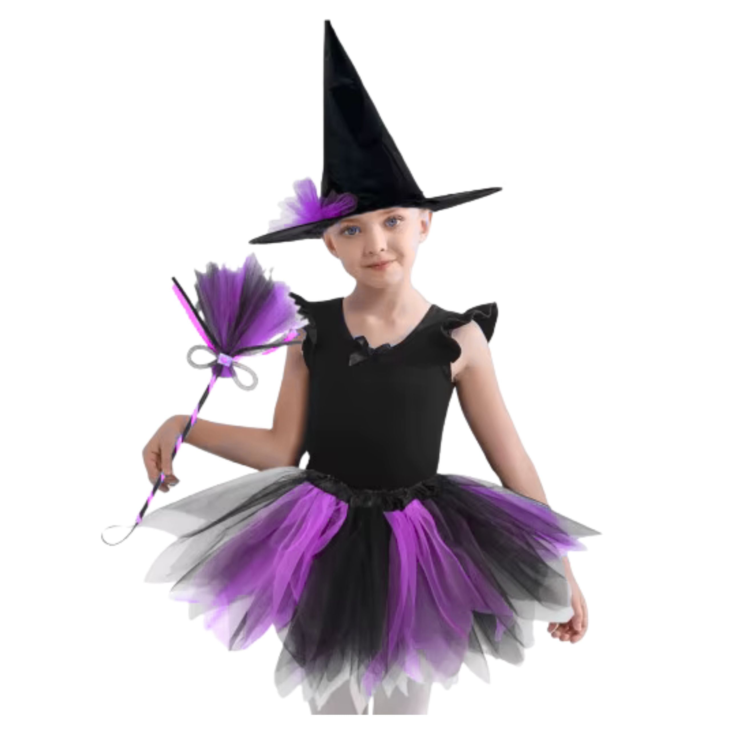 Witch Costume Hat Skirt Broom Purple And Black Costume