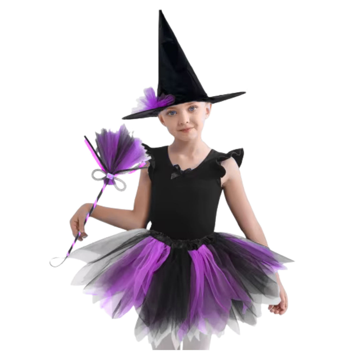 Witch Costume Hat Skirt Broom Purple And Black Costume