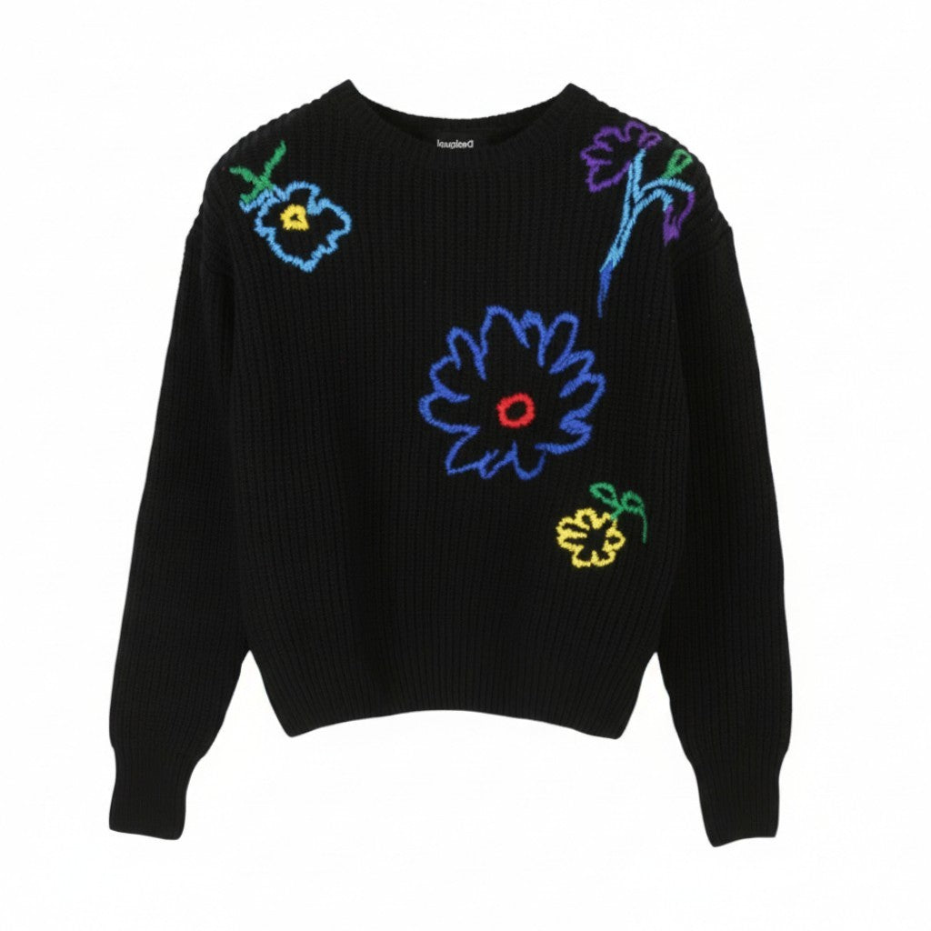 Desigual Jers Larson Women Jumperblack Vyšívaný květinový úplet Oversized