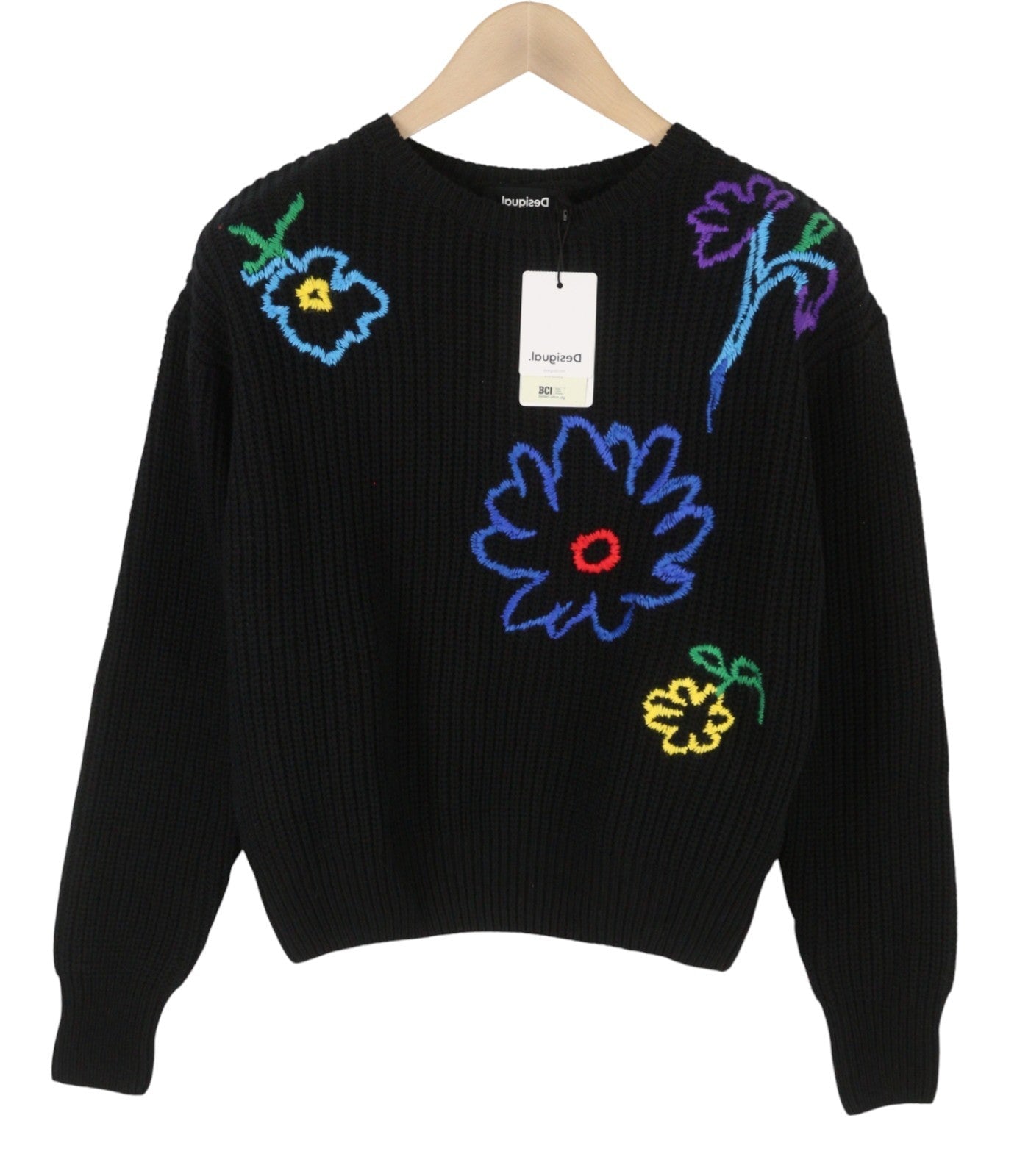 Desigual Jers Larson Women Jumperblack Vyšívaný květinový úplet Oversized