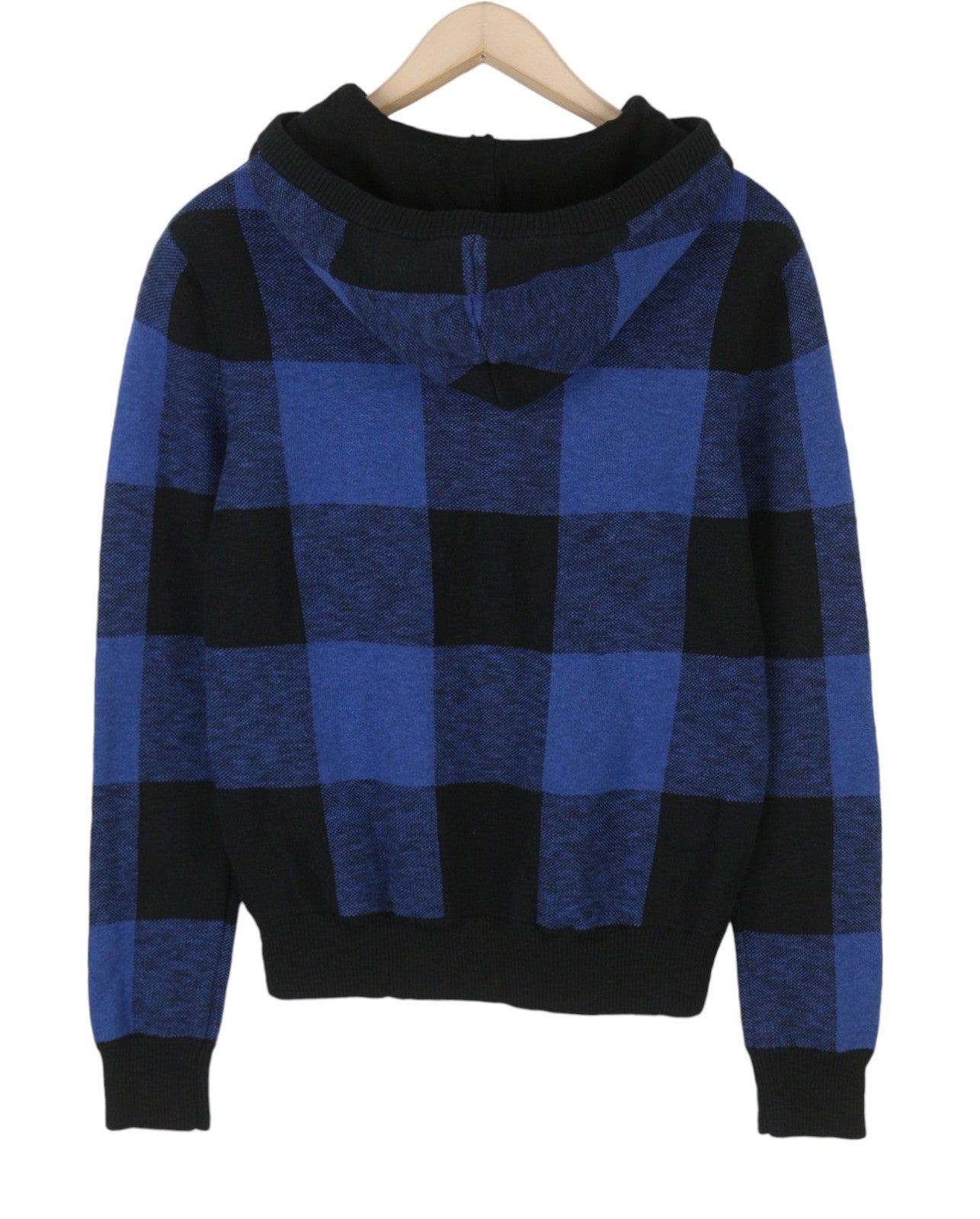 American Eagle Outfitters Men Jumperblue Check Knit Kangaroo Pocket Pull On