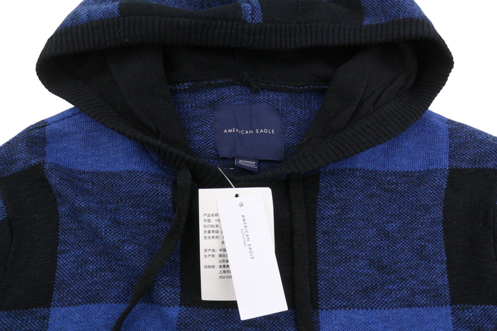 American Eagle Outfitters Men Jumperblue Check Knit Kangaroo Pocket Pull On