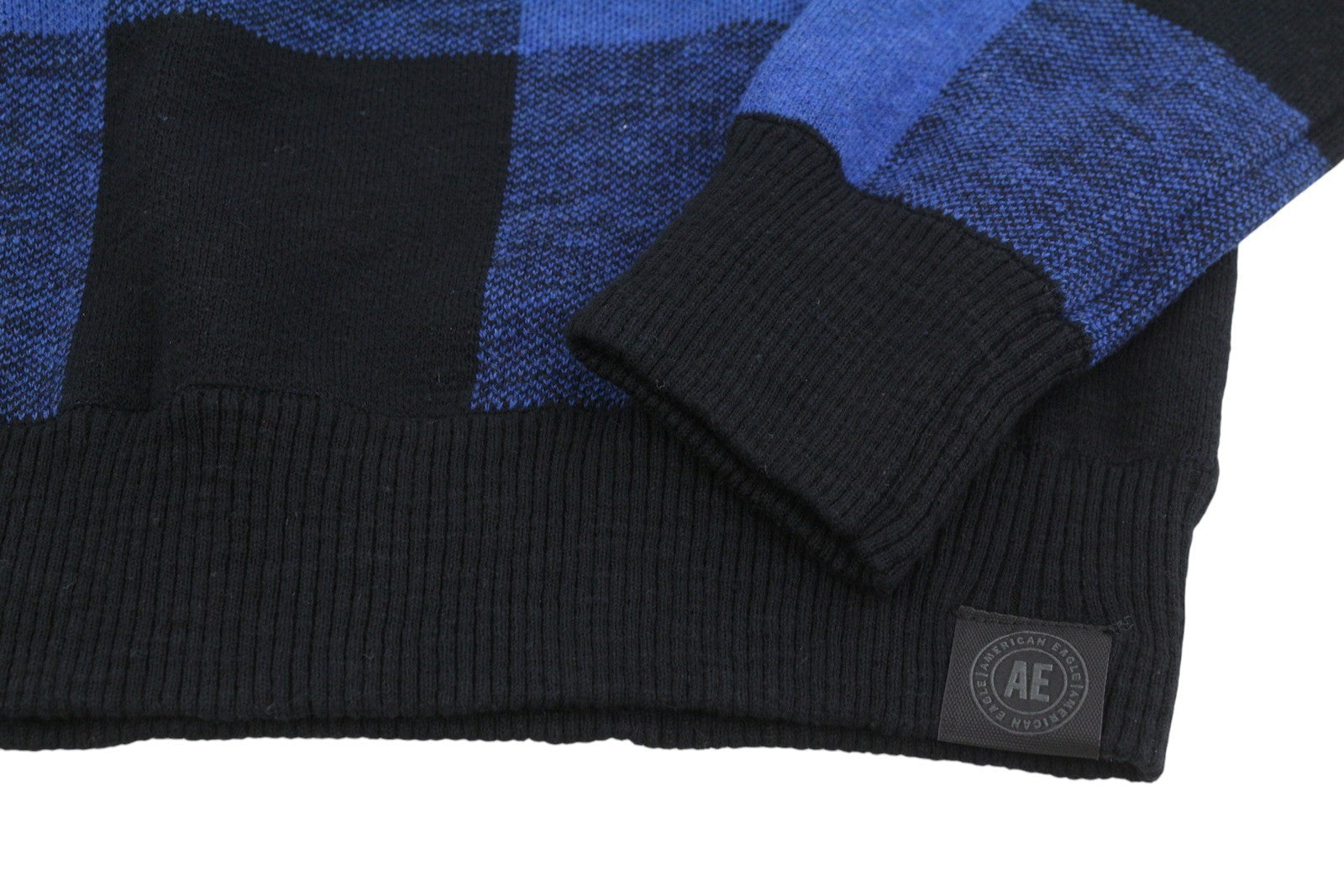 American Eagle Outfitters Men Jumperblue Check Knit Kangaroo Pocket Pull On