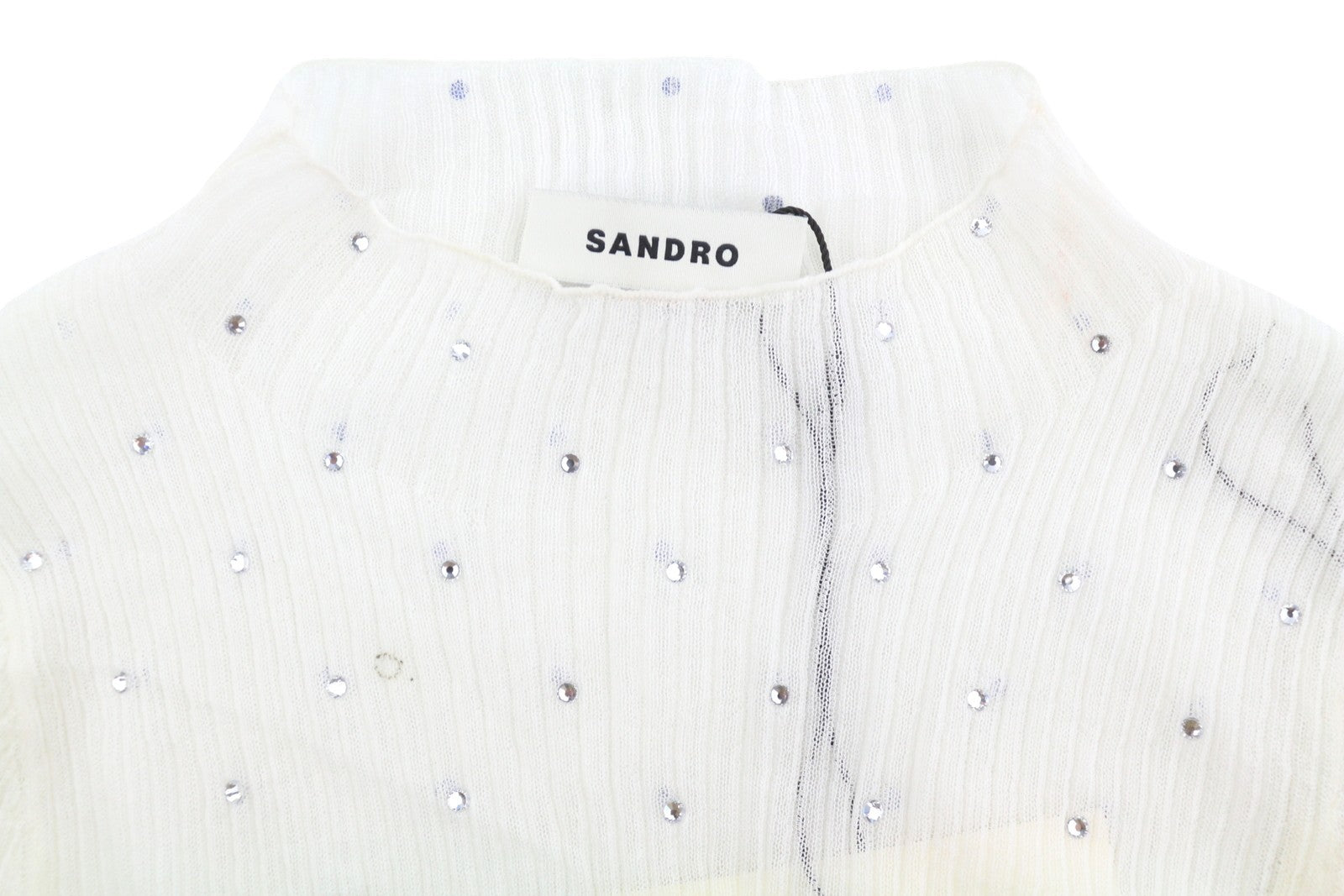 Sandro Dame Bluse 0white Sheer Transparent Rhinestones Langærmet