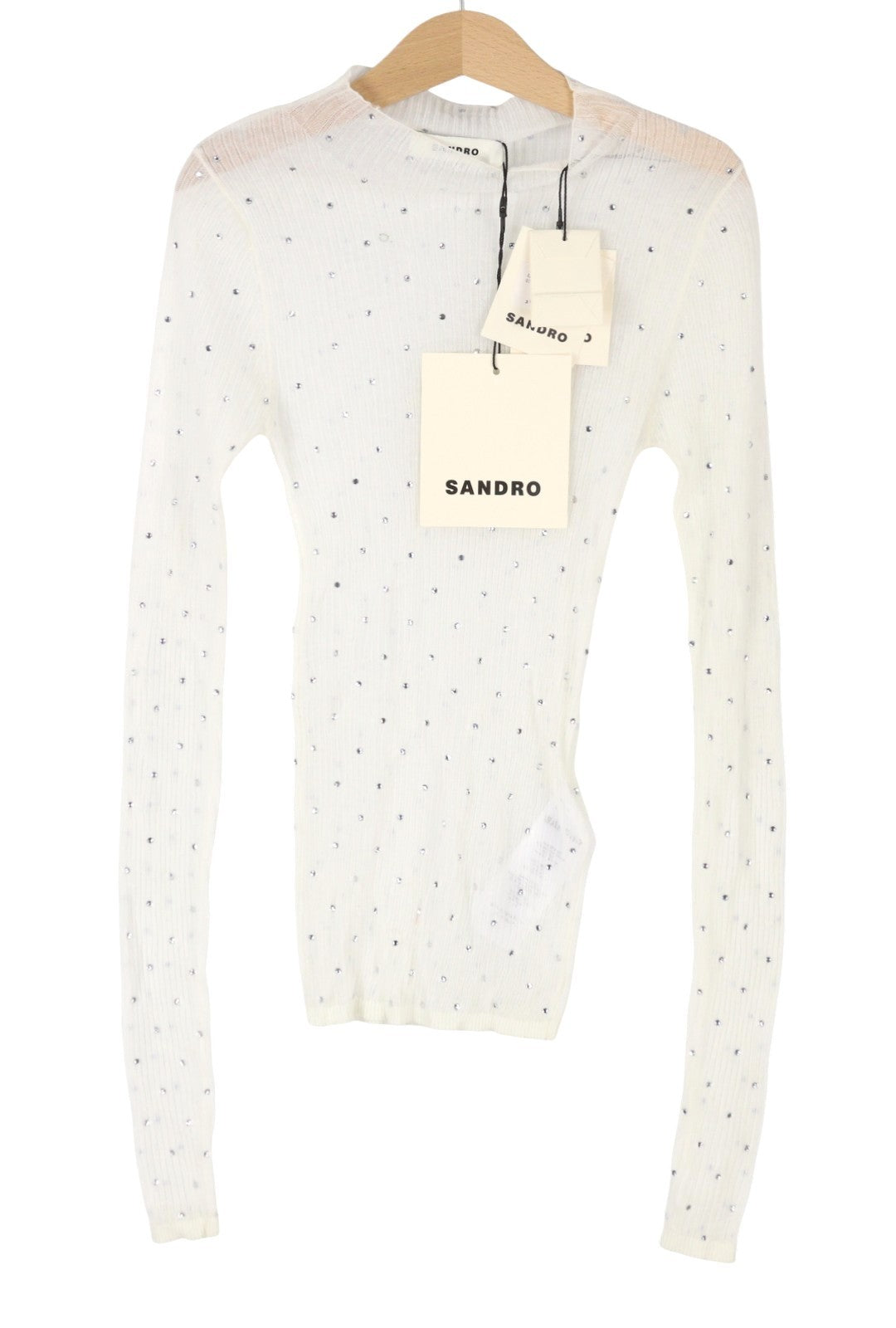 Sandro Dame Bluse 0white Sheer Transparent Rhinestones Langærmet