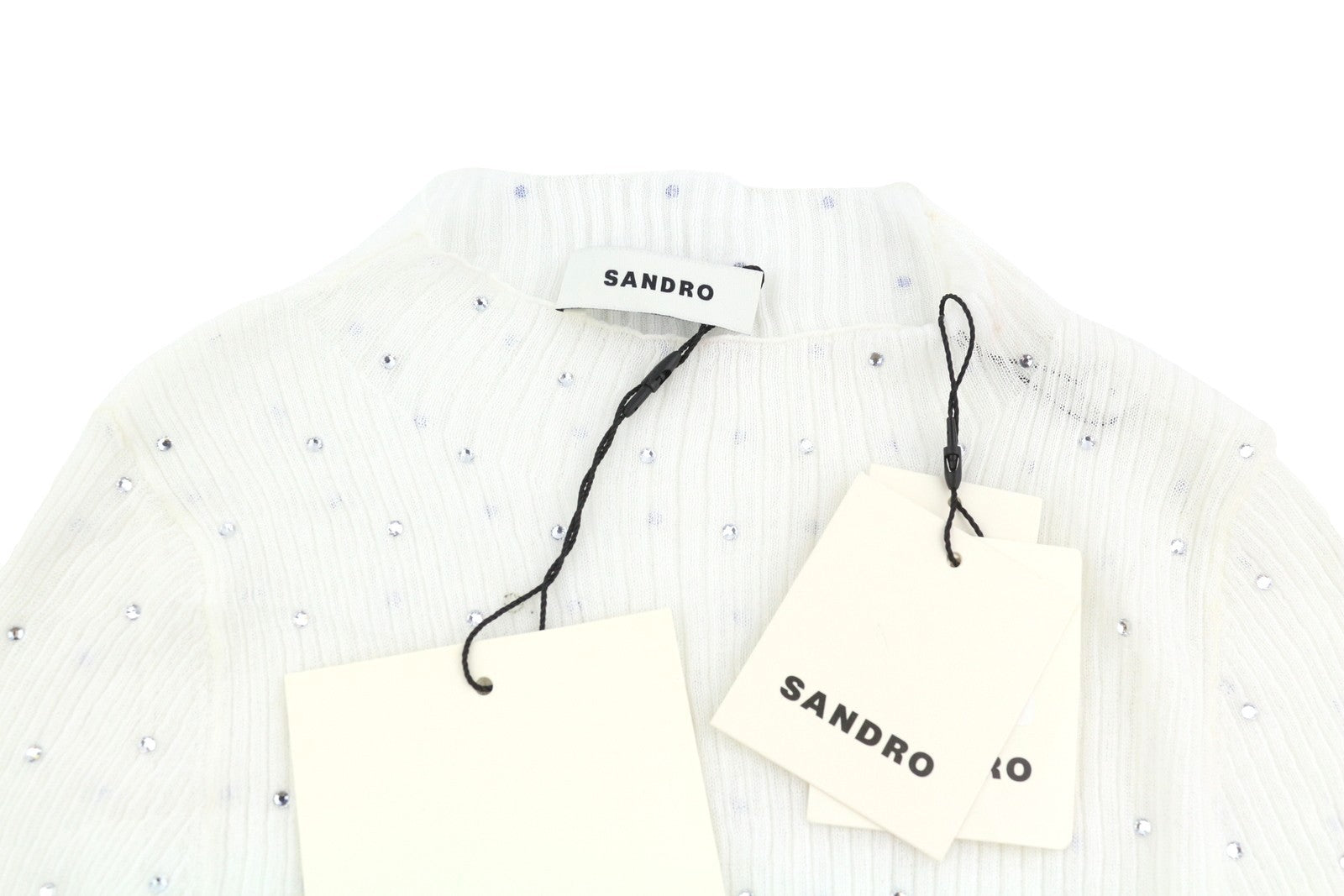 Sandro Dame Bluse 0white Sheer Transparent Rhinestones Langærmet